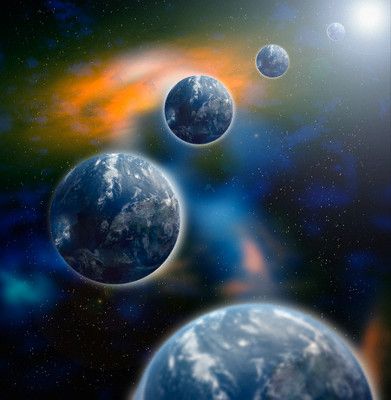 Illustration of Multiple Earths in Space