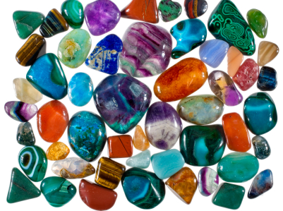 A collection of grinded precious stones used for collection, jewels and alternative healing practices (crystallotherapy)
