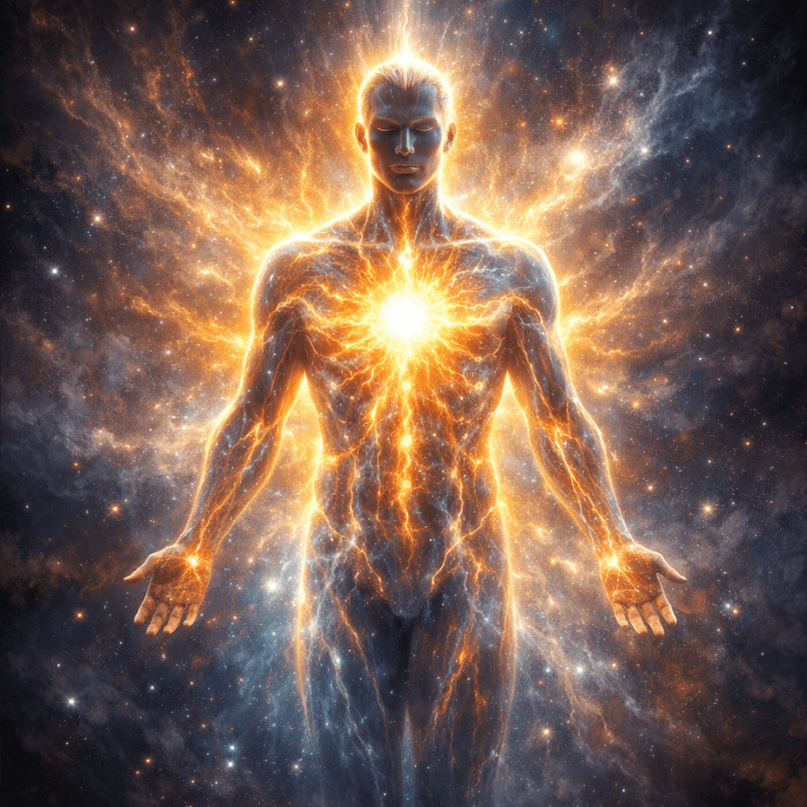 Glowing human figure with radiant energy at chest and cosmic background