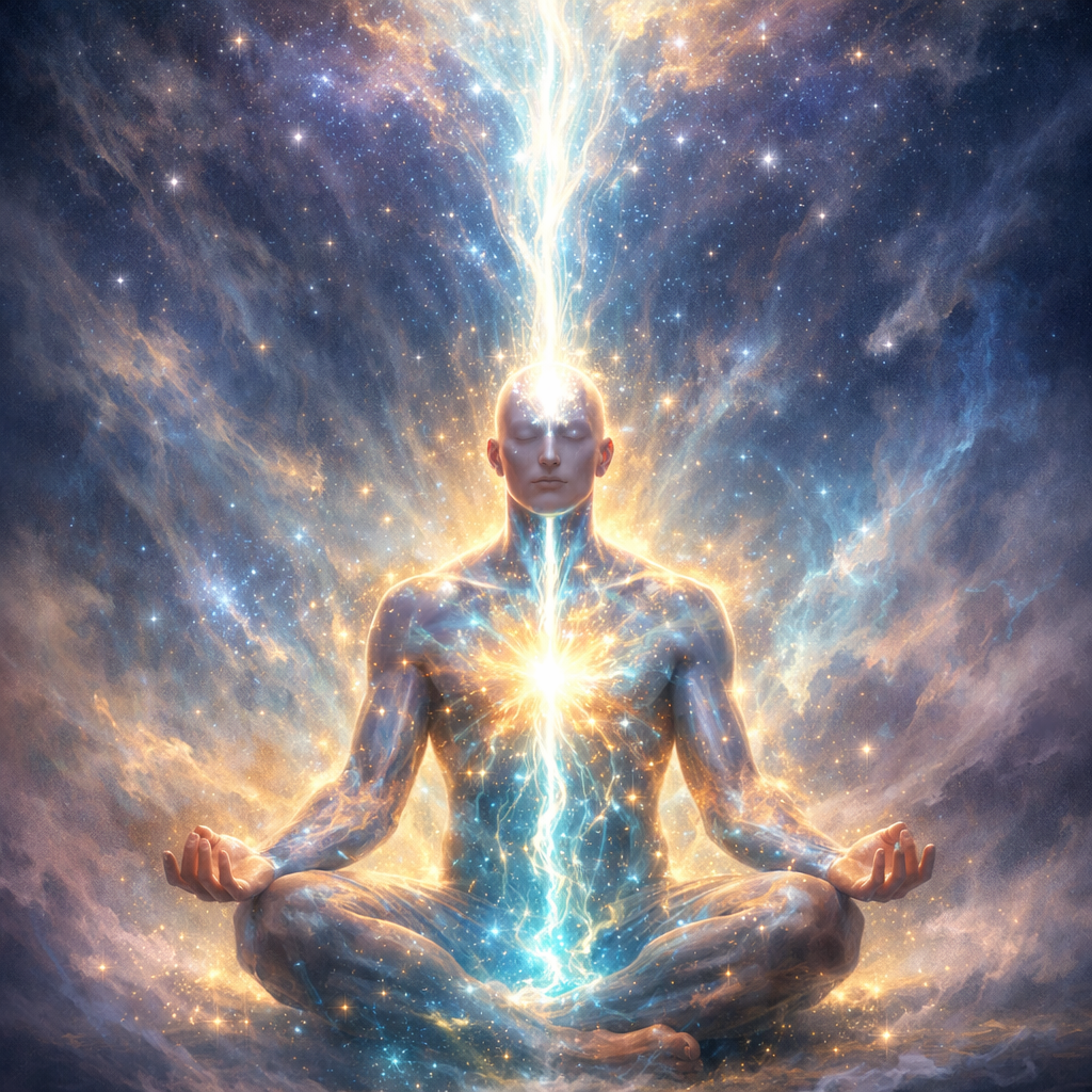 Meditating figure with glowing cosmic energy streaming from head and chest