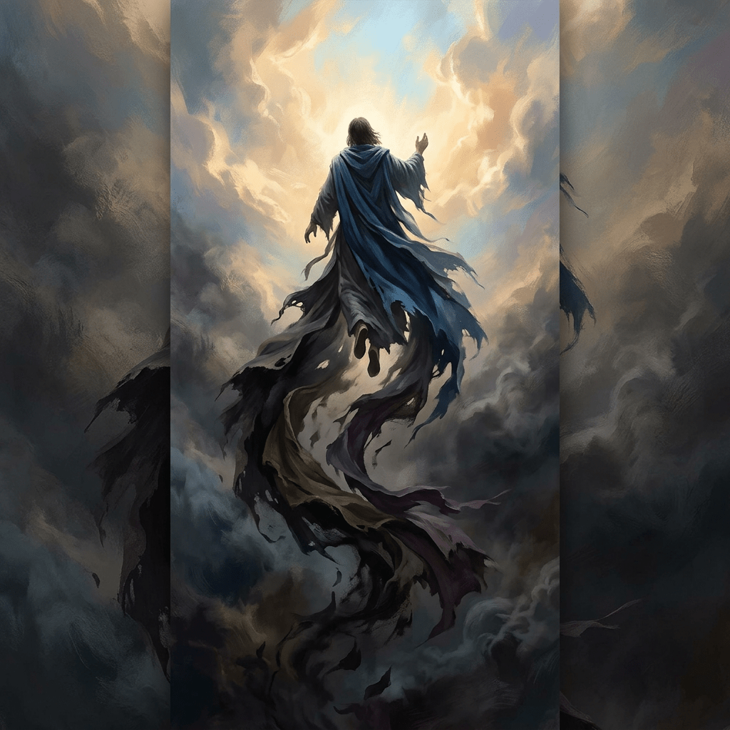 Person ascending into bright light surrounded by dark swirling clouds