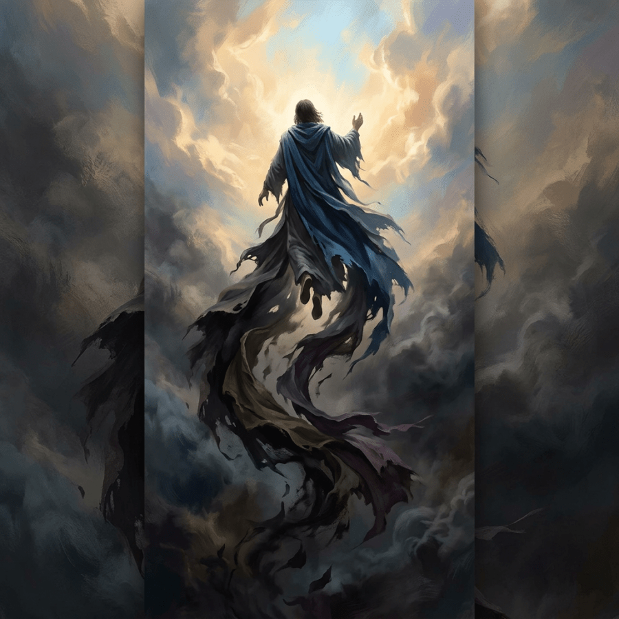 Person ascending into bright light surrounded by dark swirling clouds