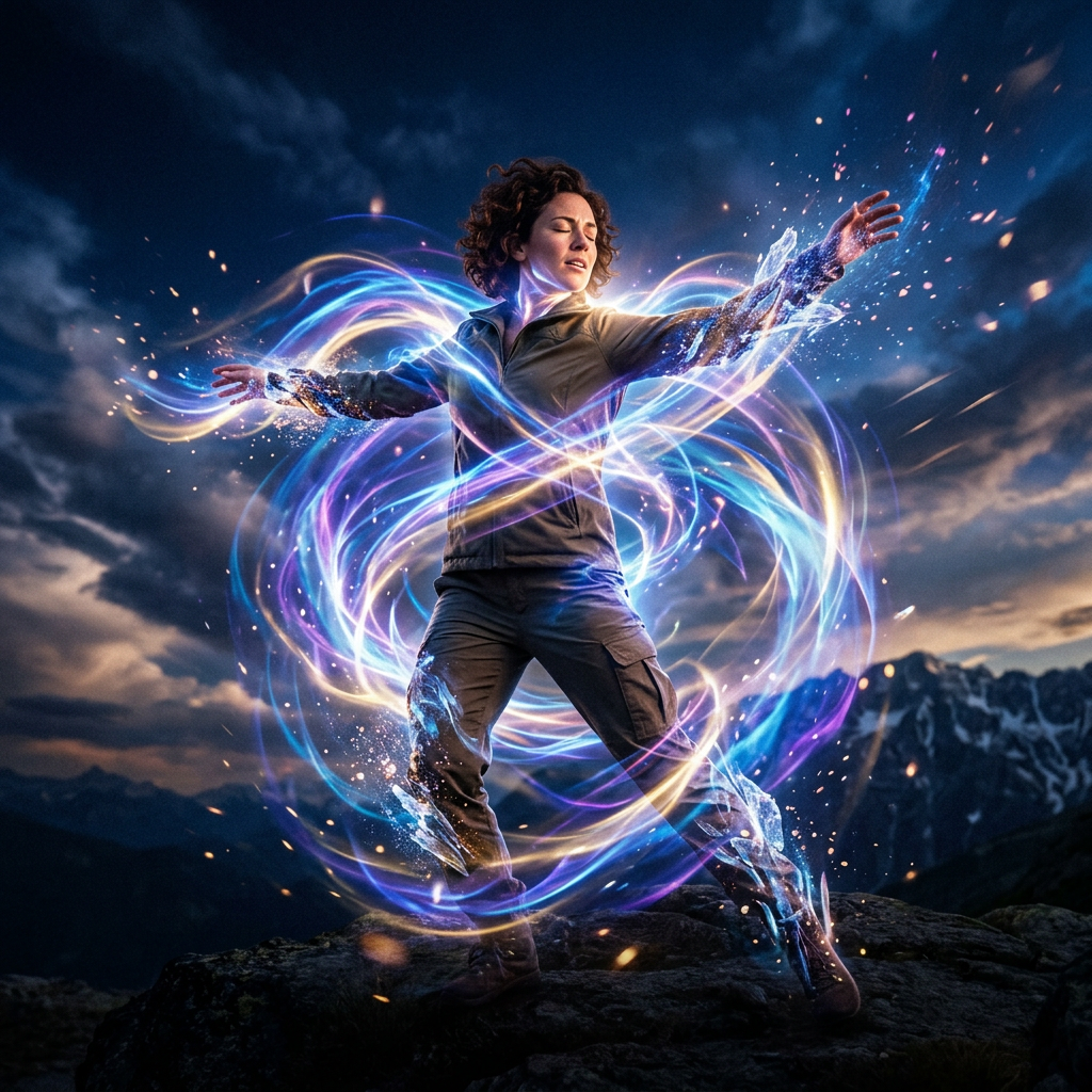 Person with outstretched arms engulfed in swirling blue and purple energy light streaks outdoors at dusk