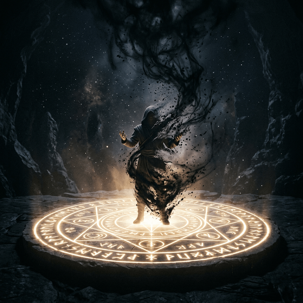 Hooded figure generating dark swirling energy while standing on a glowing magical circle with runes inside a cave