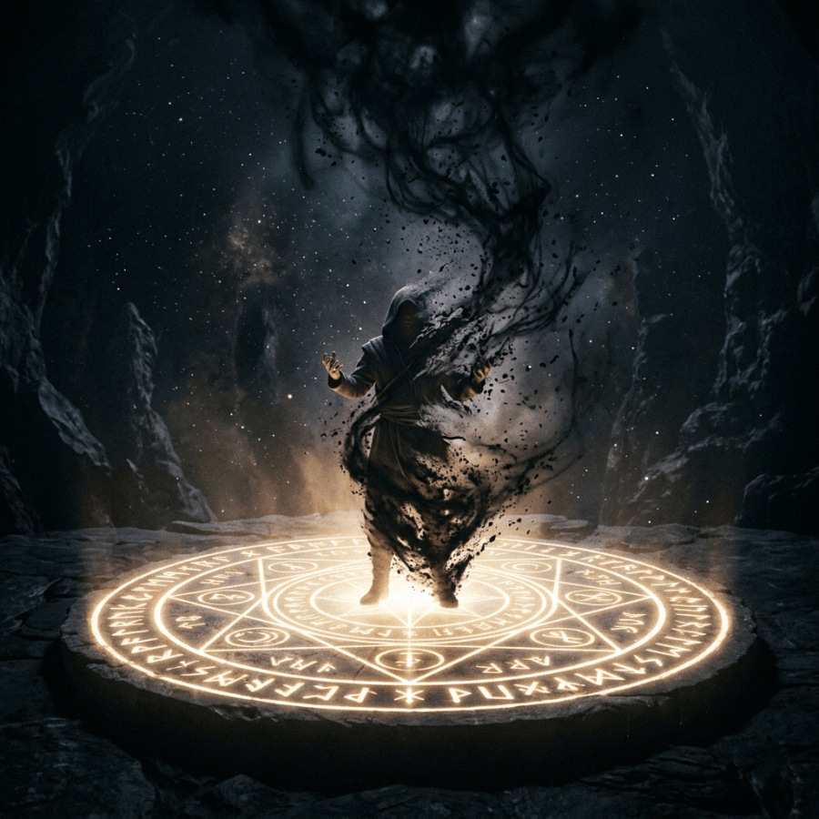Hooded figure generating dark swirling energy while standing on a glowing magical circle with runes inside a cave