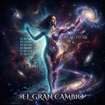 Human figure blending with galaxies and digital binary code symbols