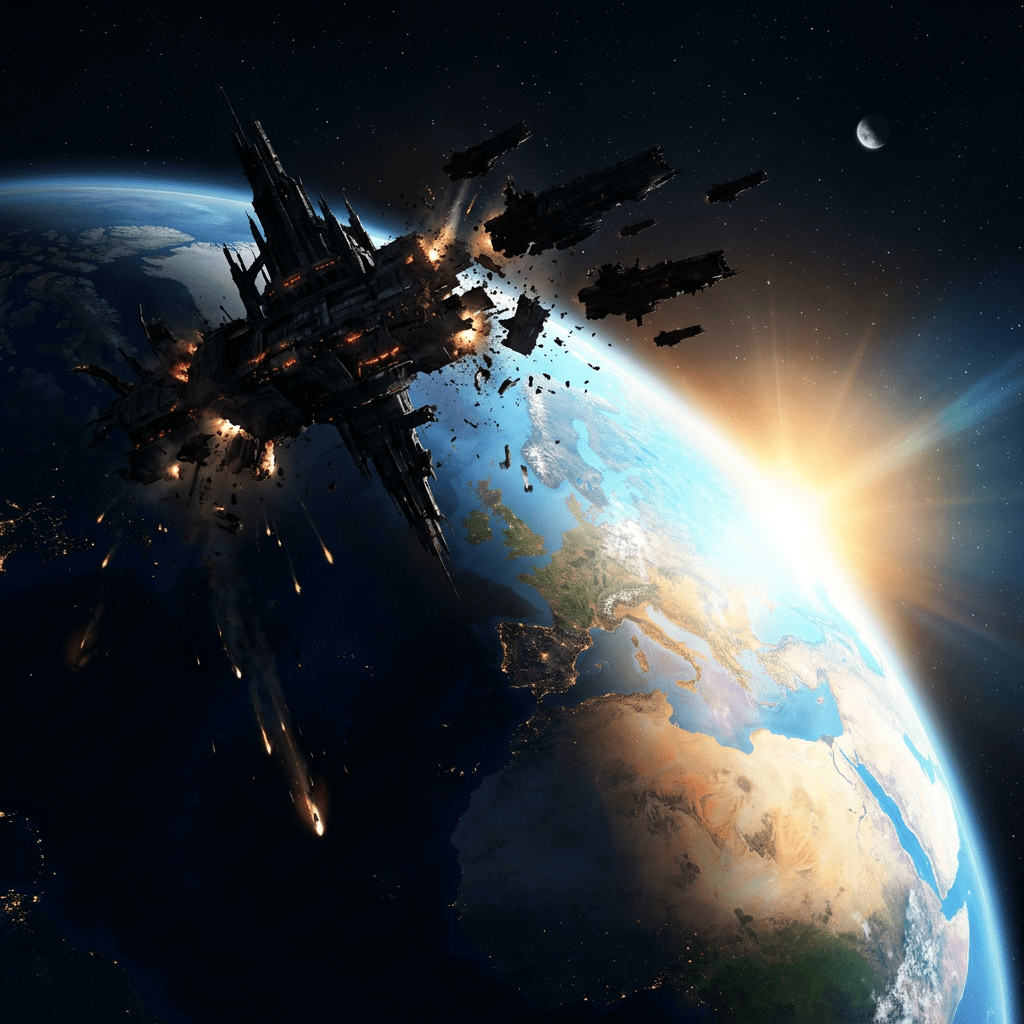 Large dark spaceship breaking apart with fiery explosions above the Earth with sun on horizon