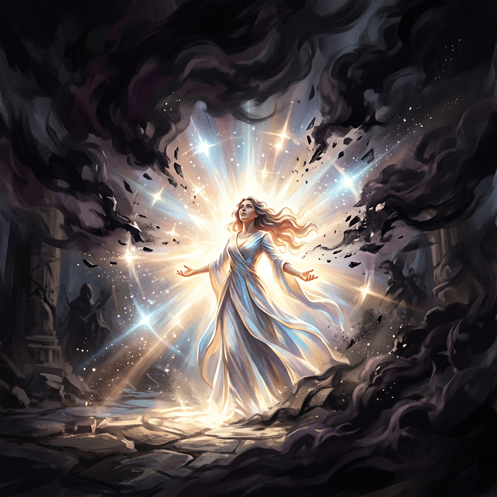 Glowing woman in white robes surrounded by radiant light and dark swirling shadows