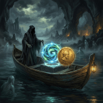 Hooded figure on boat with glowing mystical symbol and ancient coin on a misty river with ghostly figures