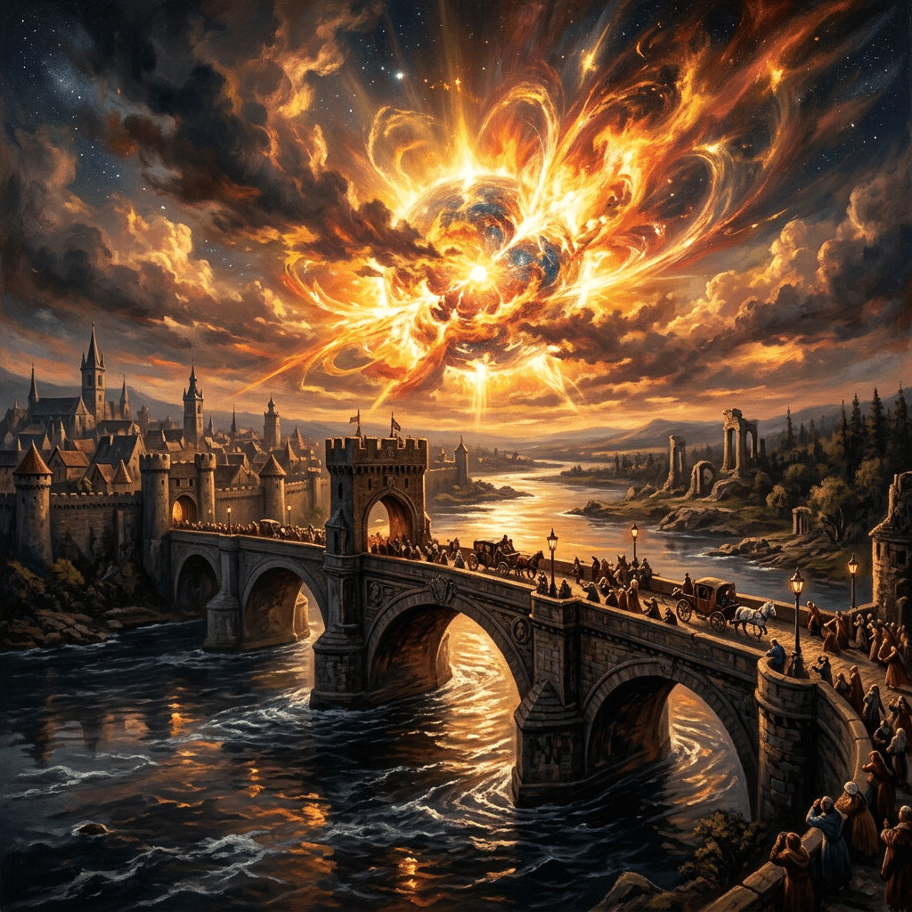 Medieval city with stone bridge over river and fiery cosmic explosion in the sky