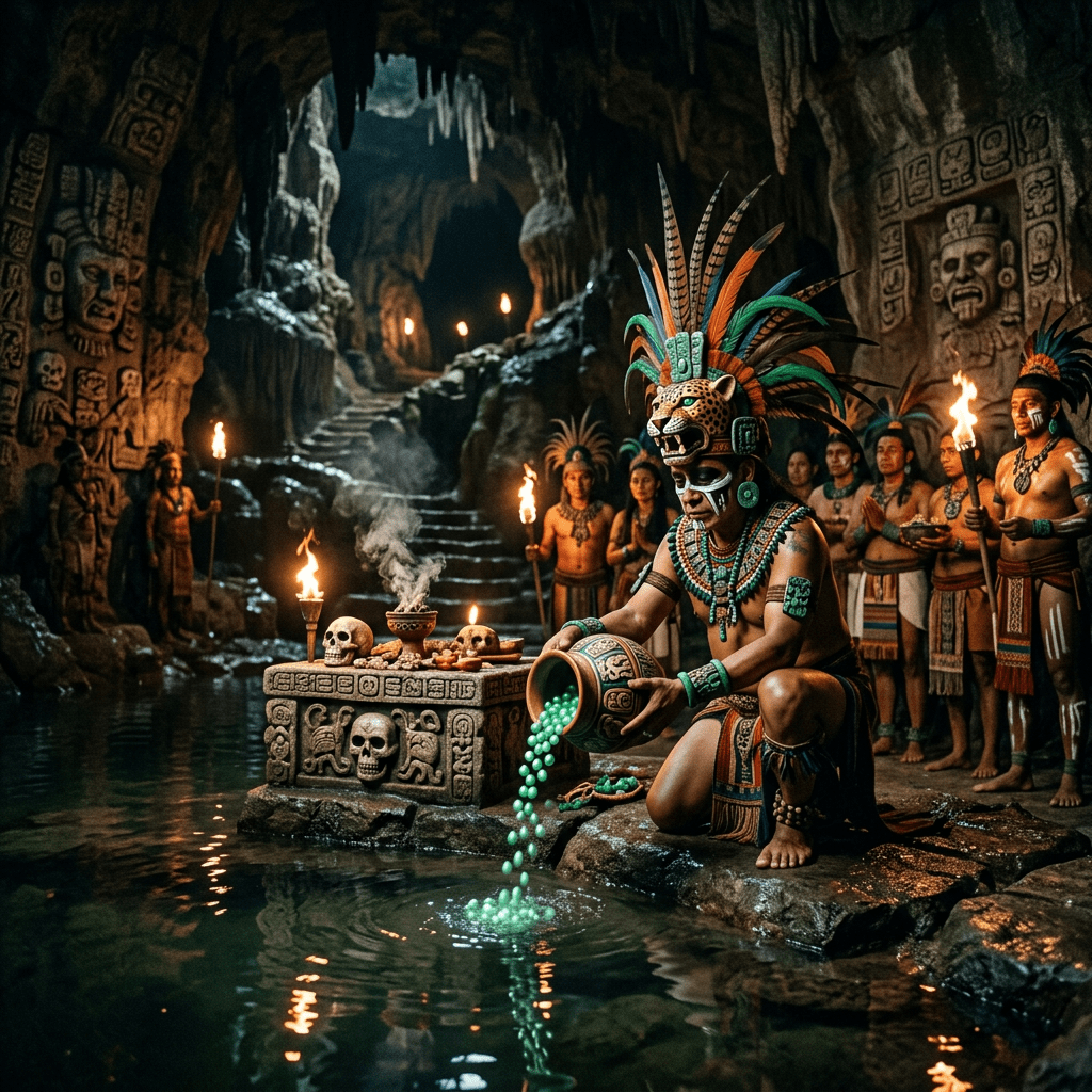 Aztec priest in feathered headdress pouring green beads into water during cave ceremony