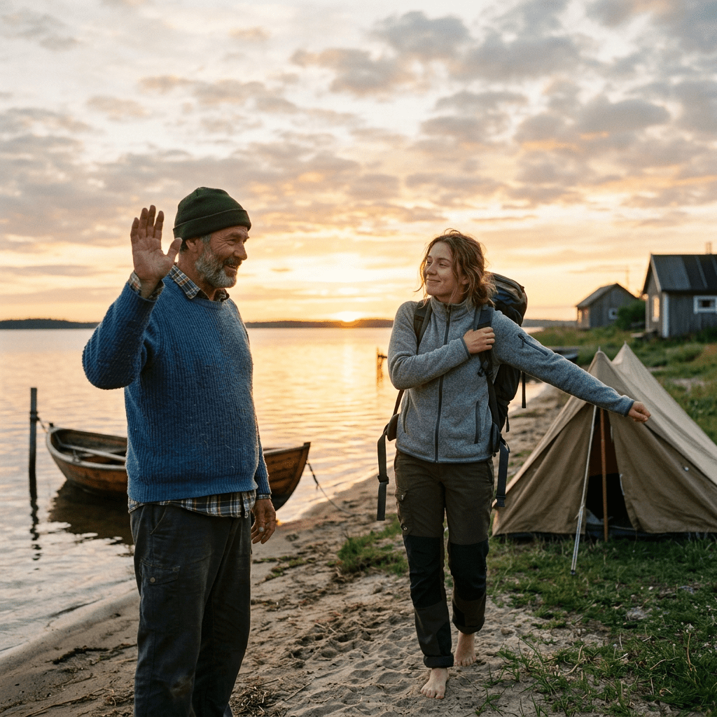 Smiling boatman greeting awakened traveler at sunrise shore