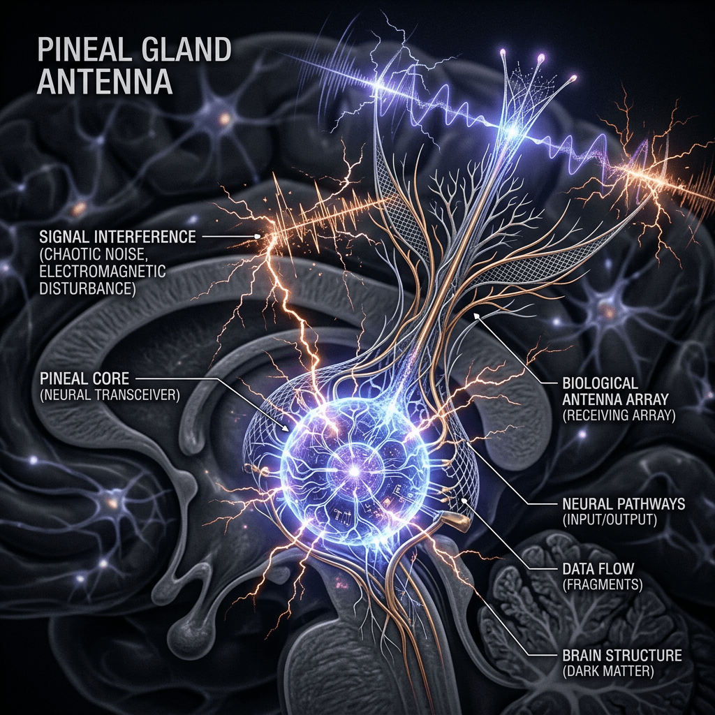 Diagram of pineal gland antenna with labeled neural transceiver, signal interference, biological antenna array, neural pathways, data flow, and brain structure.