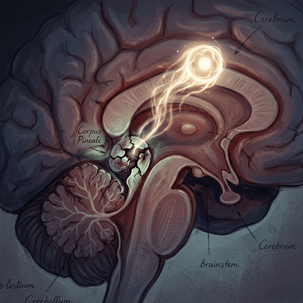 Cross-section of brain highlighting the glowing pineal gland and labeled cerebrum and brainstem