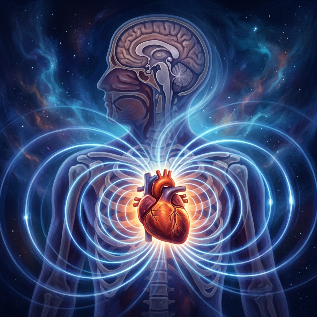 Translucent human body showing brain and glowing heart with radiating energy fields