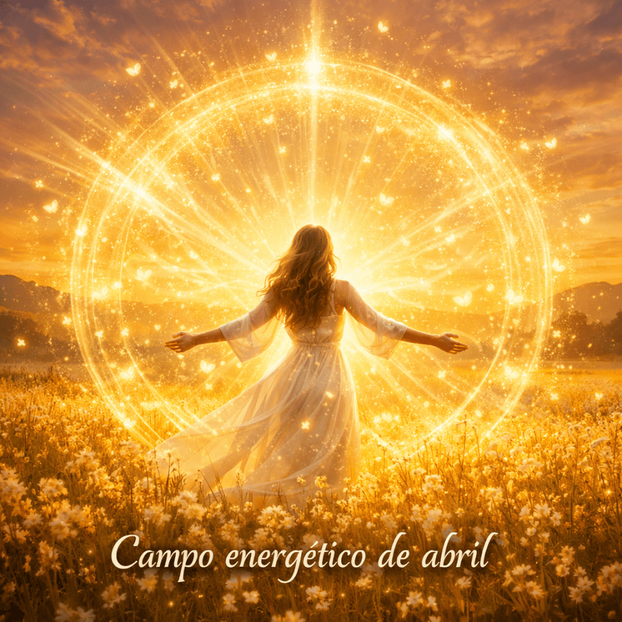 Woman in white dress surrounded by glowing golden energy circle in flower meadow