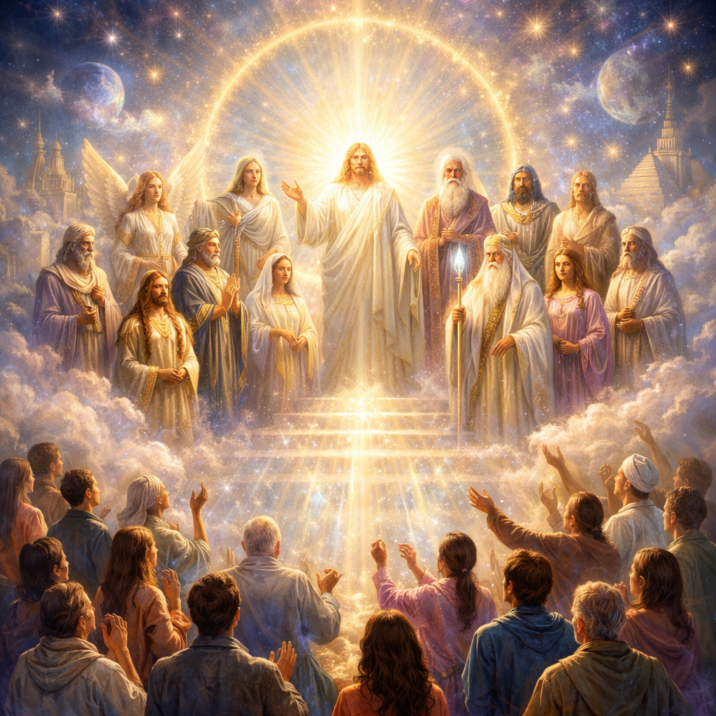 A glowing central figure surrounded by angels, prophets, and a crowd reaching up in awe under a bright golden light