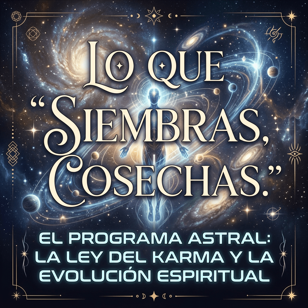 Text saying Lo que siembras, cosechas and El programa astral la ley del karma y la evolución espiritual over a cosmic background with a glowing human figure and planets