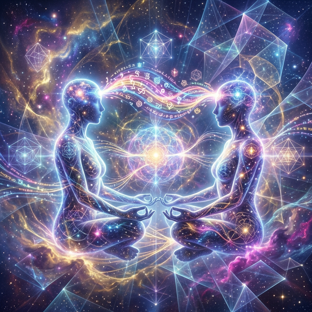 Two glowing meditating humanoid figures exchanging light and symbols between their foreheads in a cosmic space.