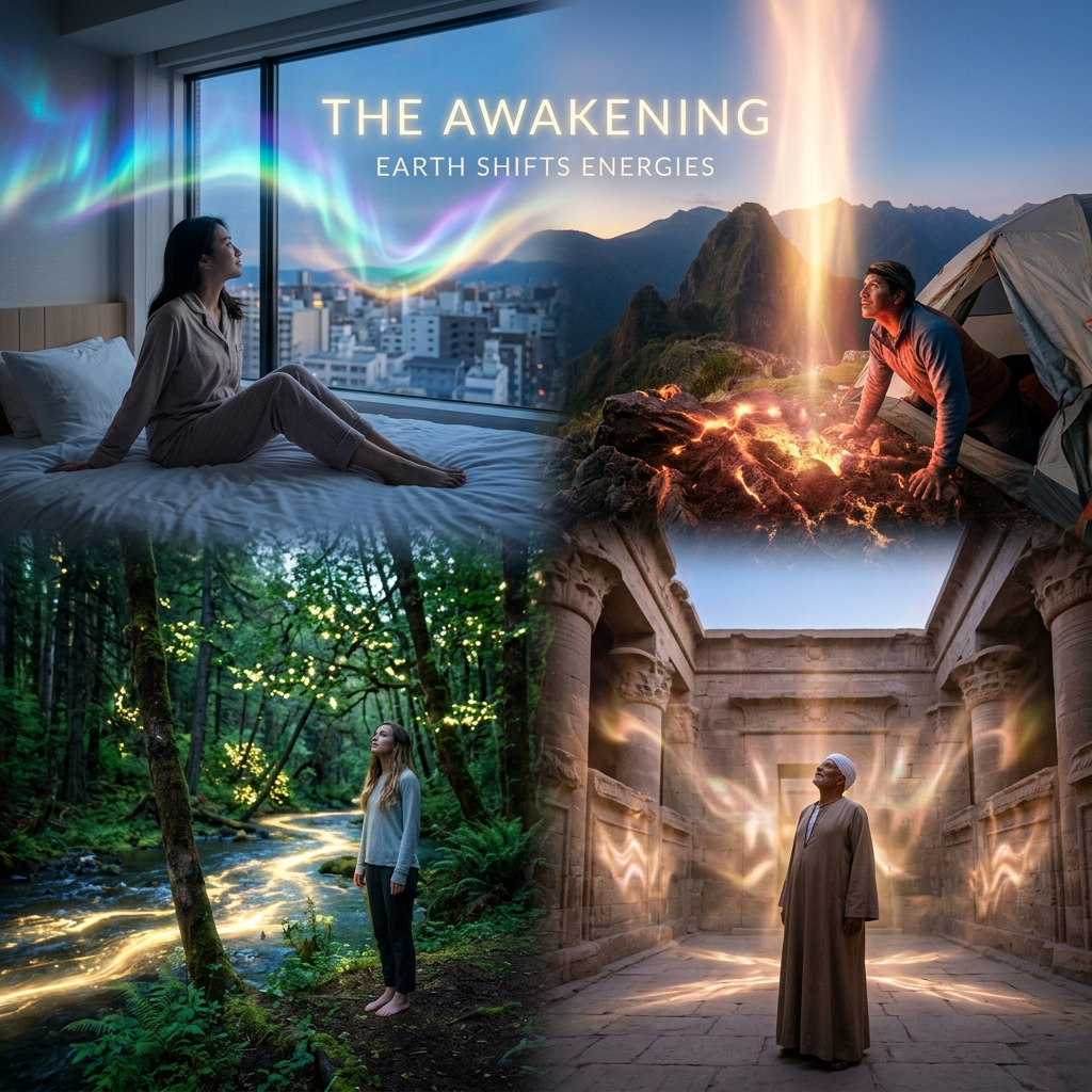 Various people experiencing spiritual awakening with earth energy flows in city, mountain, forest, and ancient temple settings