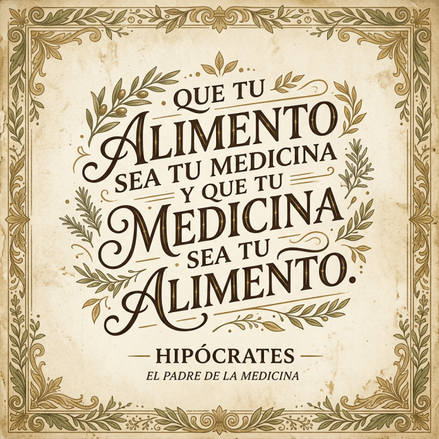 Spanish quote by Hippocrates about food being medicine with decorative foliage border