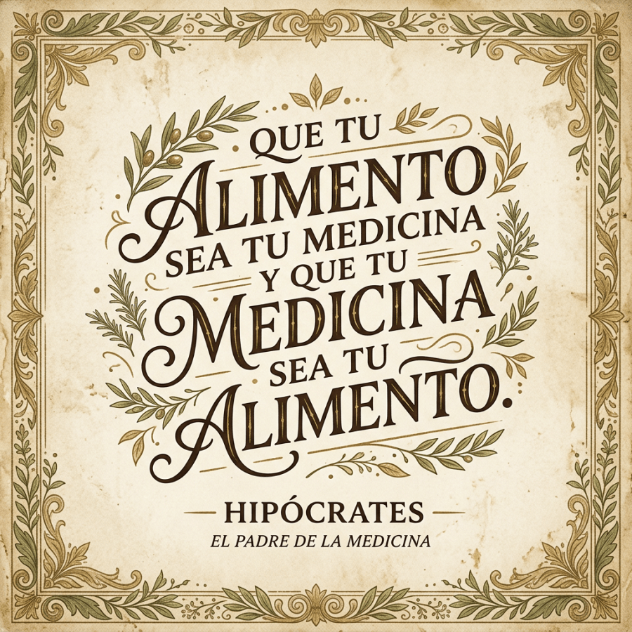 Spanish quote by Hippocrates about food being medicine with decorative foliage border