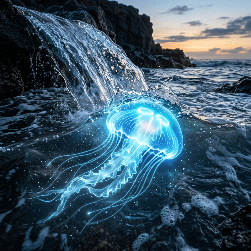 Glowing blue jellyfish in ocean water near rocky shore with waterfall at sunset