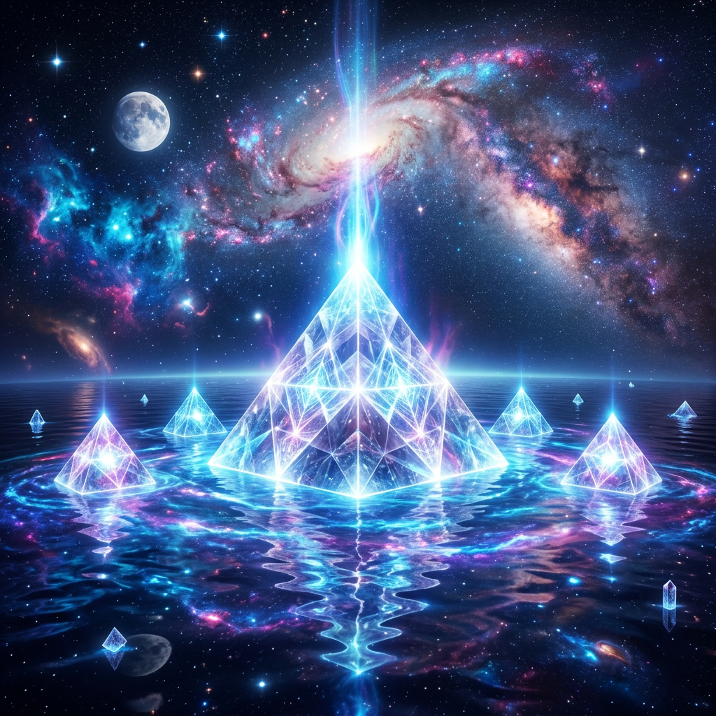 Transparent pyramids emitting blue light floating on water with stars and galaxy above