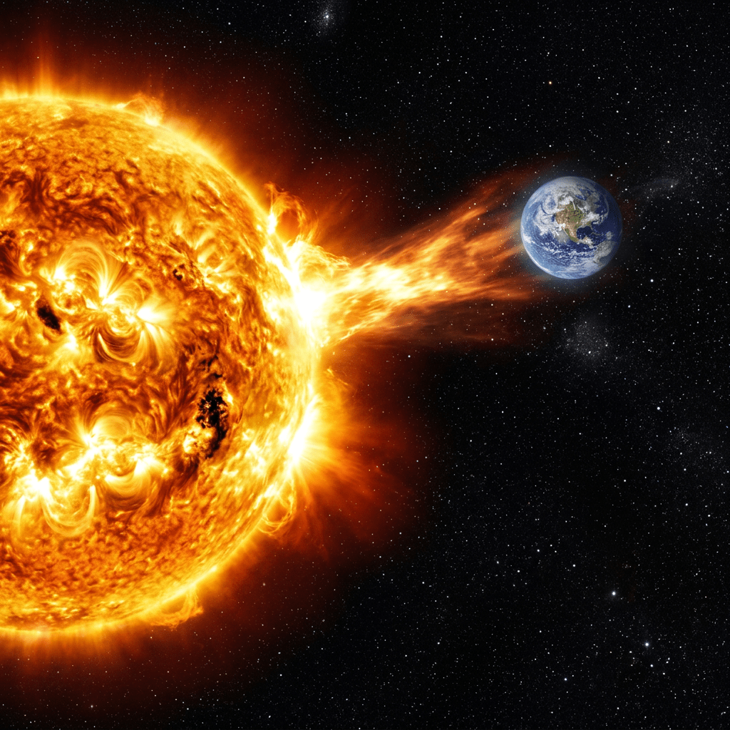 Solar flare extending from the Sun toward Earth in space