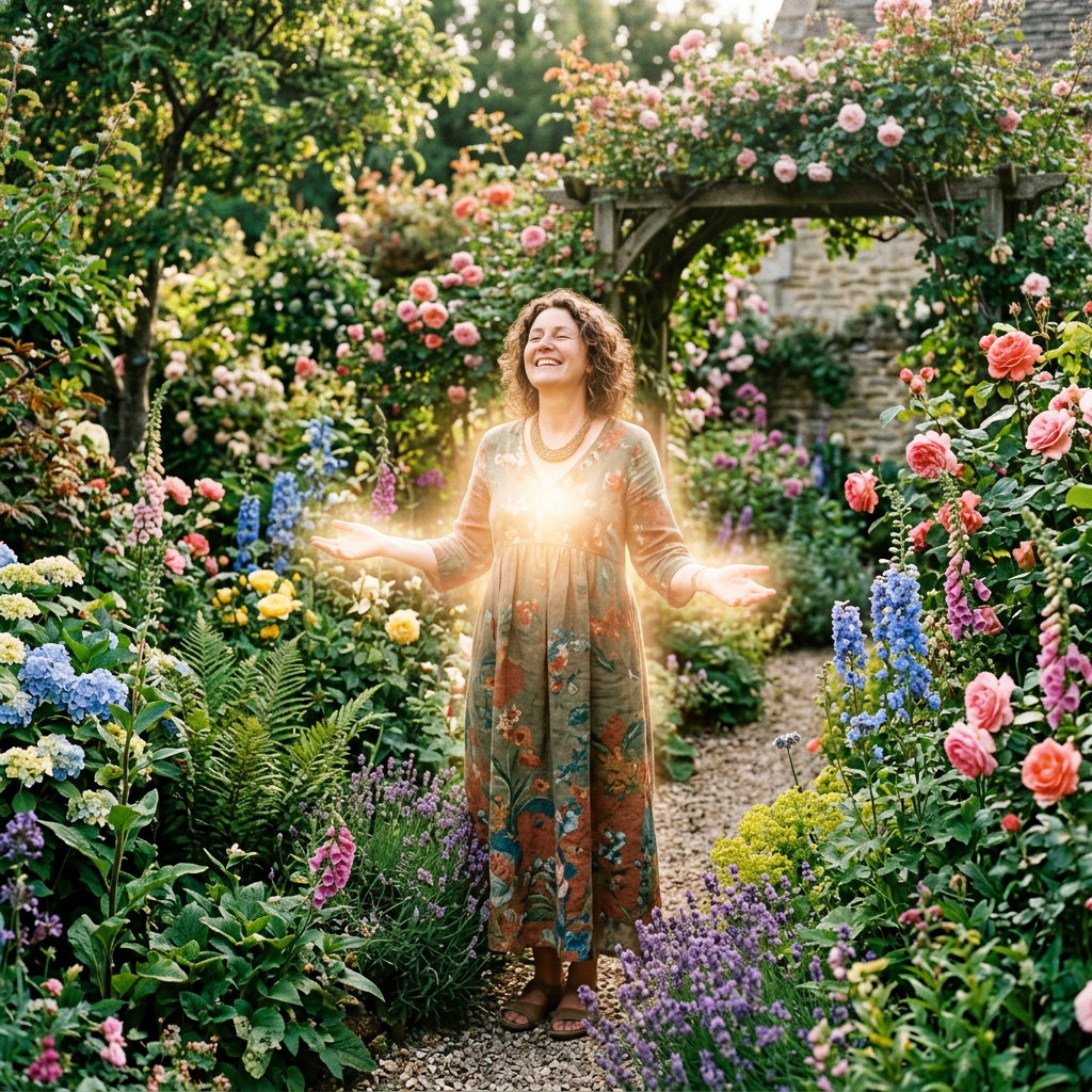 Smiling woman standing with arms open in a lush colorful flower garden