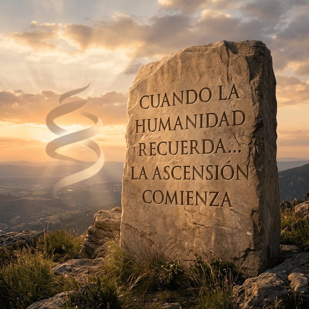 Stone monument engraved with Spanish text about humanity's ascension during sunset