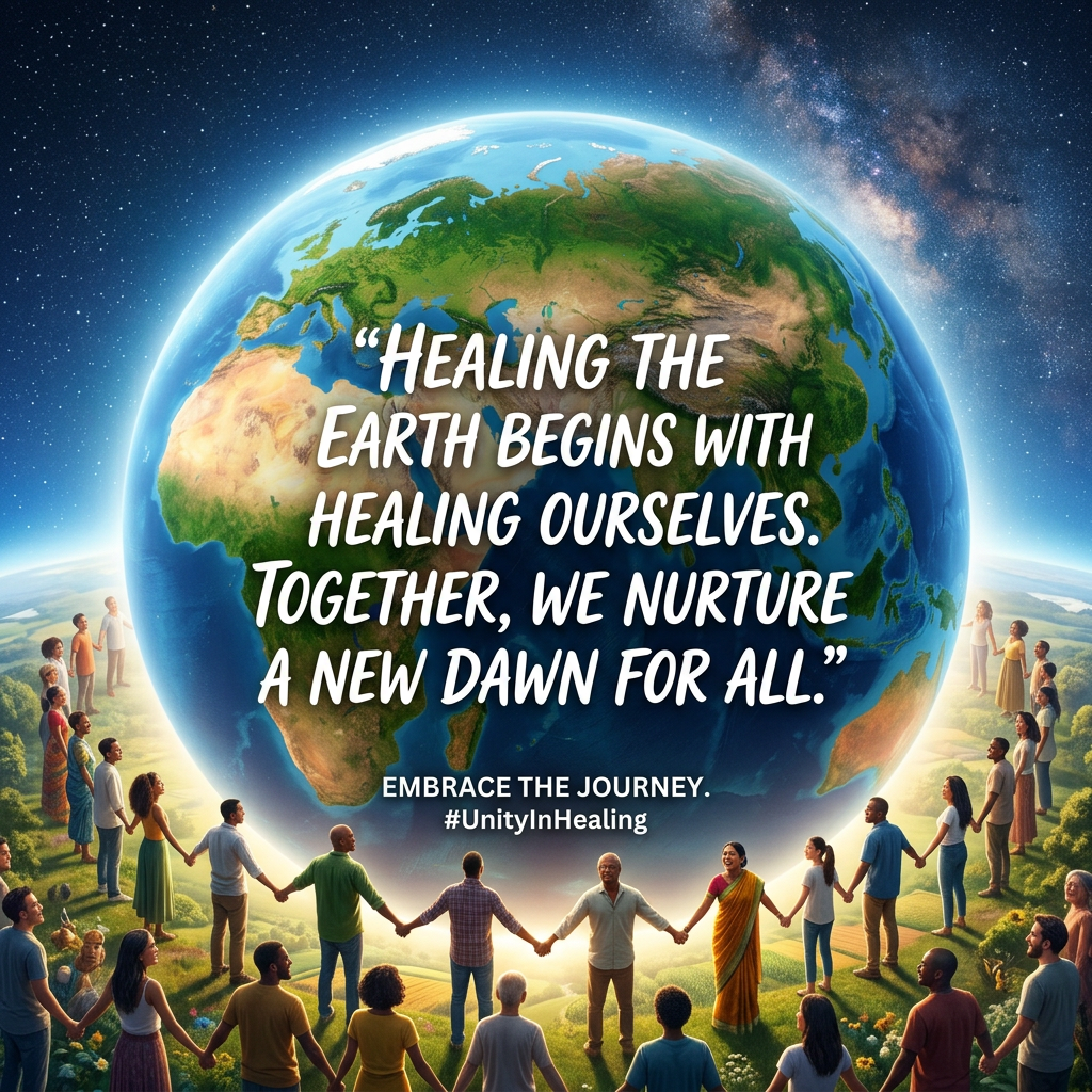 Diverse group holding hands encircling Earth with healing message text