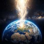 Golden beam of light descending onto Earth from space around Europe and Africa