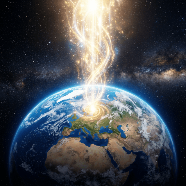 Golden beam of light descending onto Earth from space around Europe and Africa