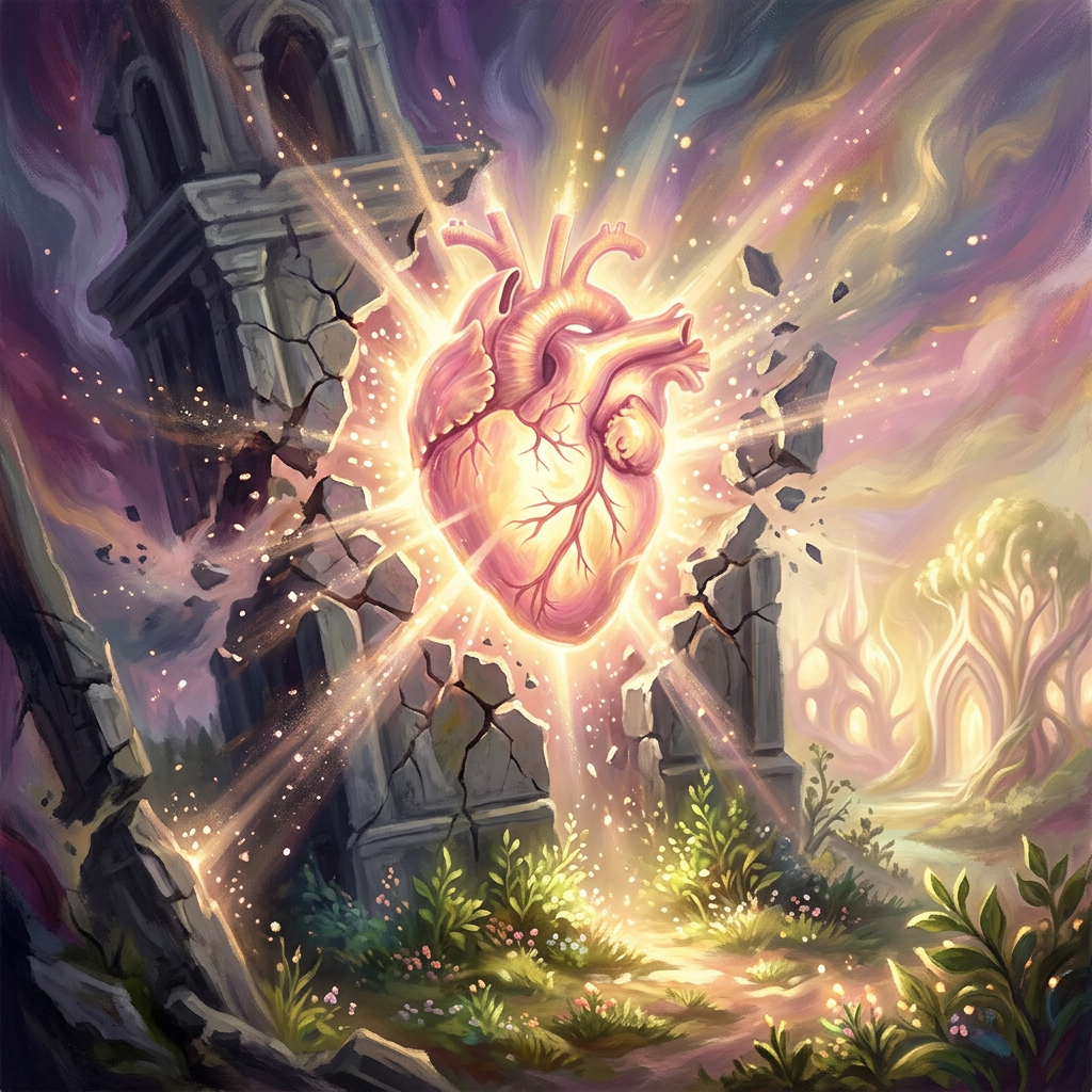 Bright glowing human heart breaking through cracked ancient stone ruins surrounded by plants and ethereal light