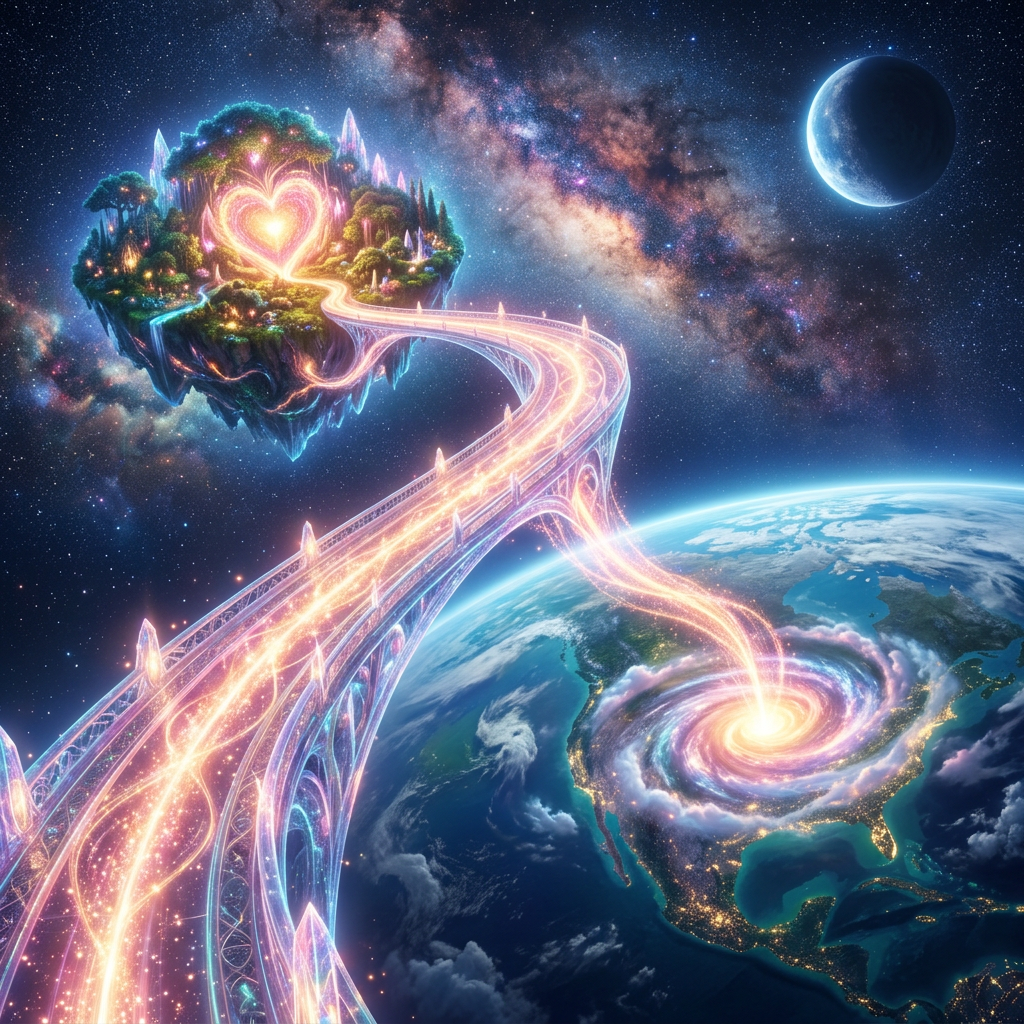 Glowing celestial bridge from Earth to floating island with heart shape in space