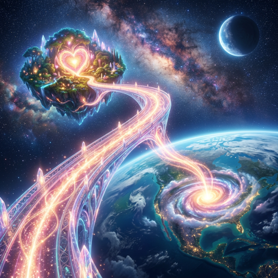 Glowing celestial bridge from Earth to floating island with heart shape in space