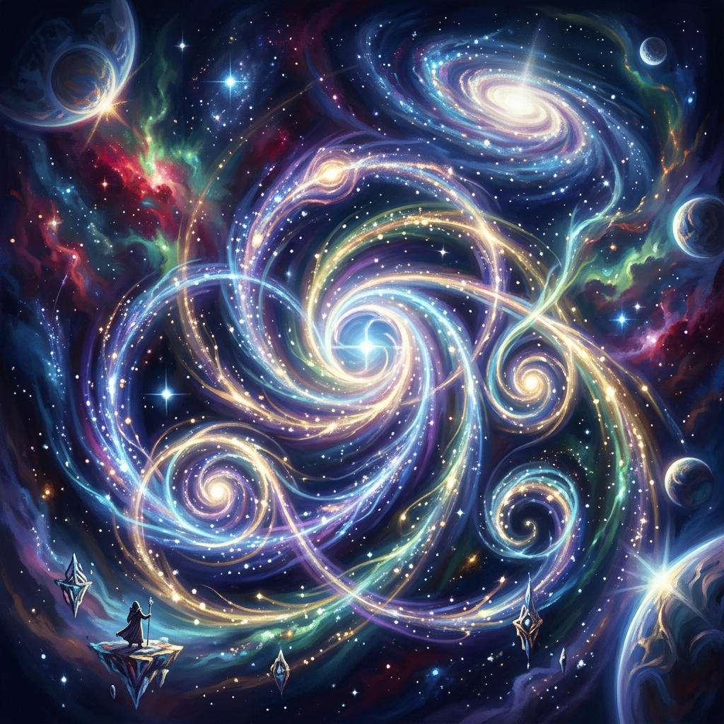A figure standing on a small floating rock looks at glowing cosmic spirals in space
