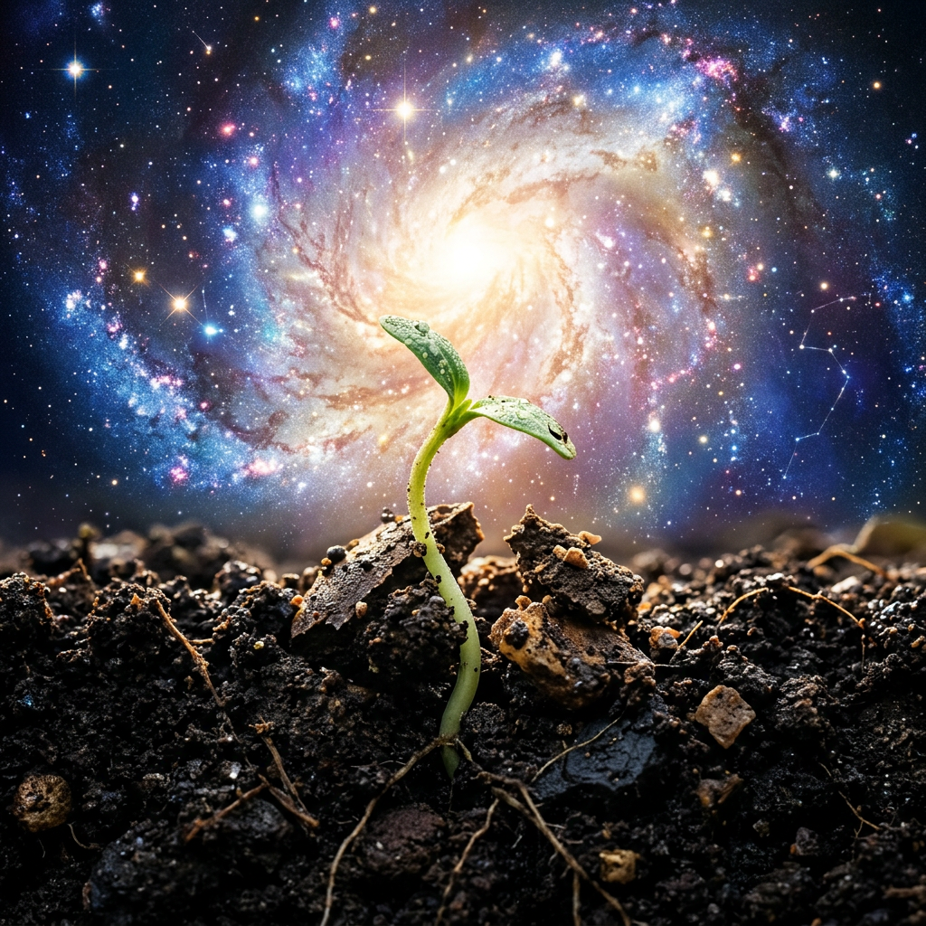 Green seedling sprouting from dark soil with a colorful spiral galaxy in the background