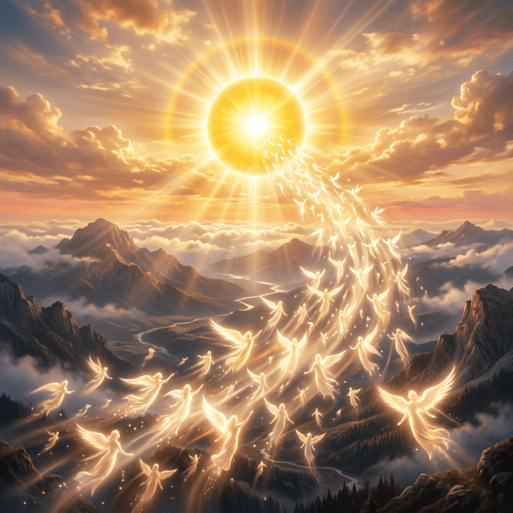 Glowing angelic figures ascending from mountainous landscape toward radiant sun