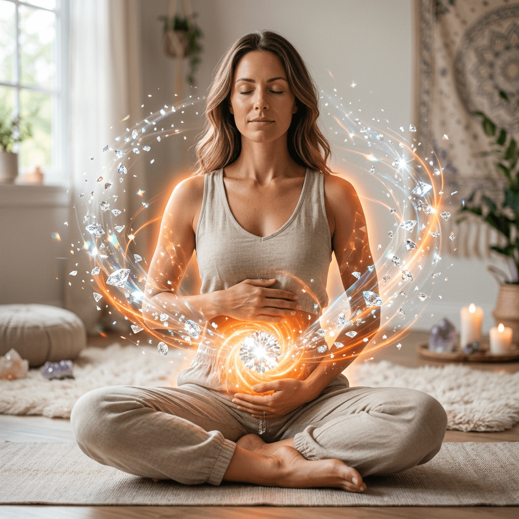 Woman sitting cross-legged meditating with glowing energy and floating crystals around her abdomen