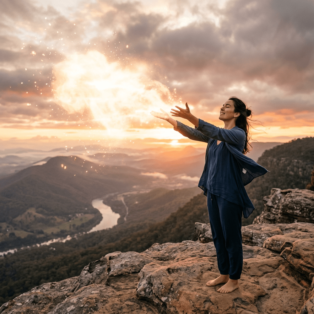 Woman barefoot on rocky cliff arms outstretched toward glowing magical light at sunset