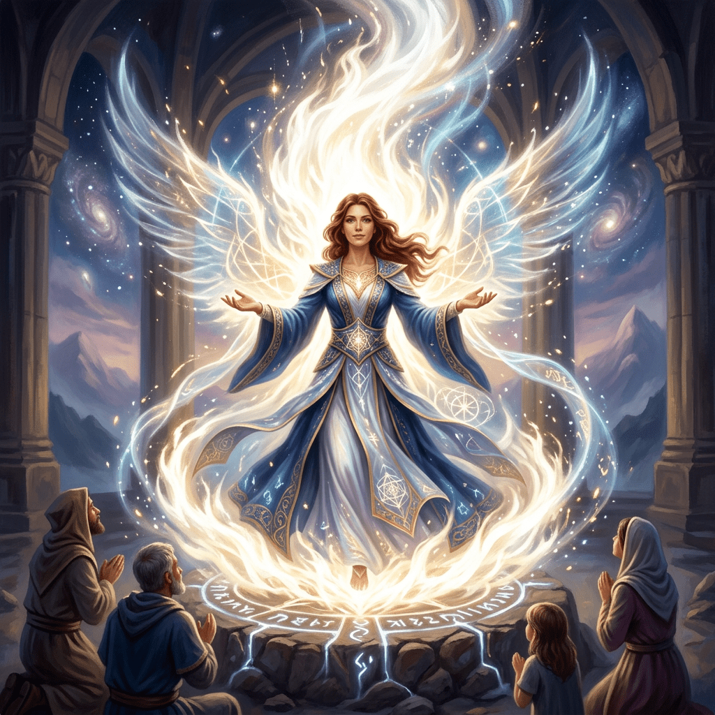 Angel in blue and white robes surrounded by glowing magical runes with four people praying