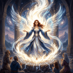 Angel in blue and white robes surrounded by glowing magical runes with four people praying