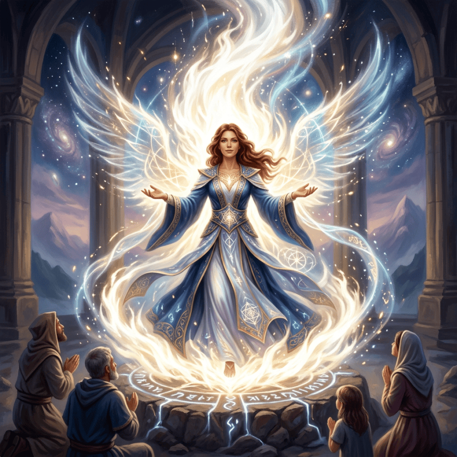 Angel in blue and white robes surrounded by glowing magical runes with four people praying