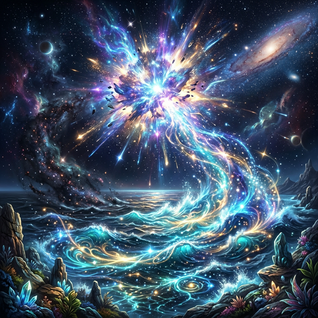 Bright cosmic explosion with colorful light streams above ocean waves and rocky shore