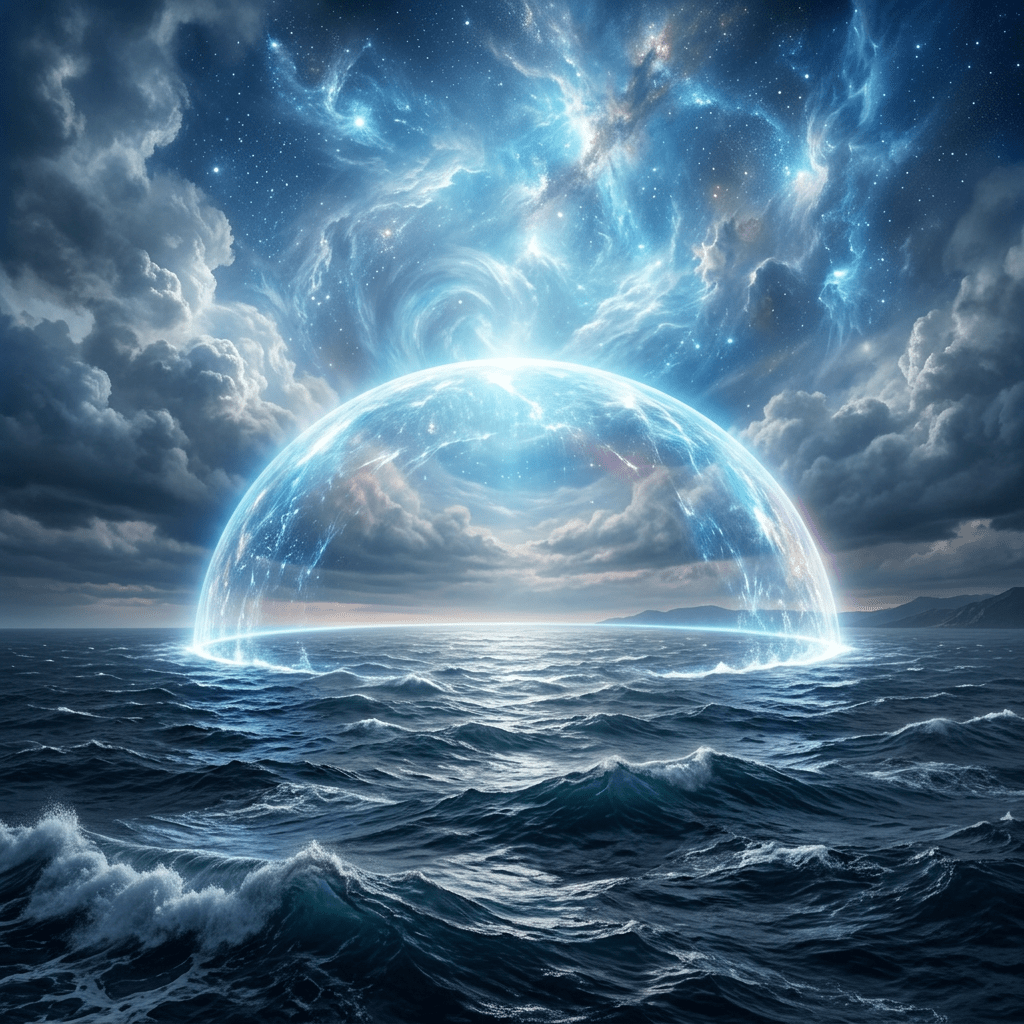 Glowing transparent dome over ocean waves with star-filled sky above