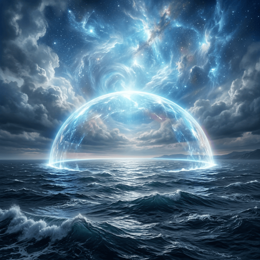 Glowing transparent dome over ocean waves with star-filled sky above