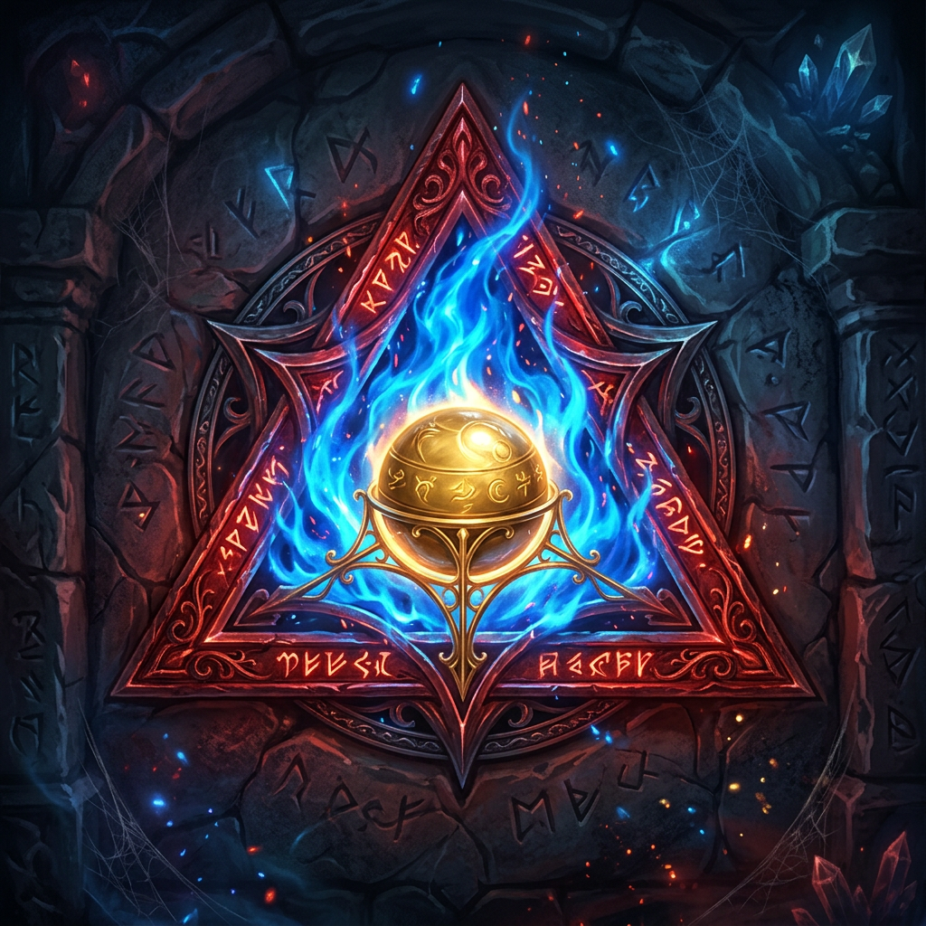 Golden orb inside a red triangle with blue flames and rune inscriptions on stone walls
