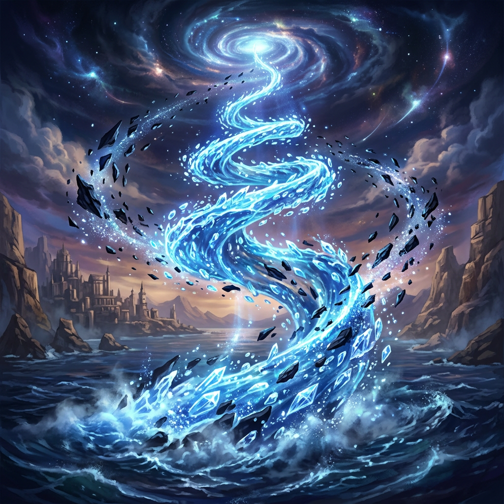 Spiral vortex of glowing water rising from ocean toward luminous galaxy in night sky